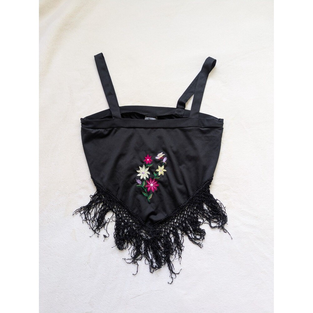 Y2K Fredericks Hollywood Floral Embroidered Top Fringe Coachella Black Size 10